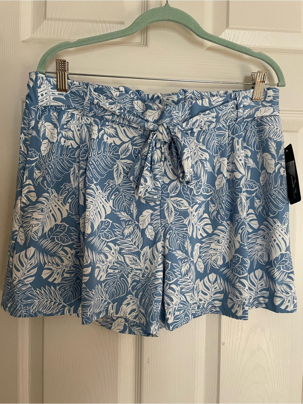 Robert Louis High-Waist Tie-Front Leaf Print Shorts - Blue & White